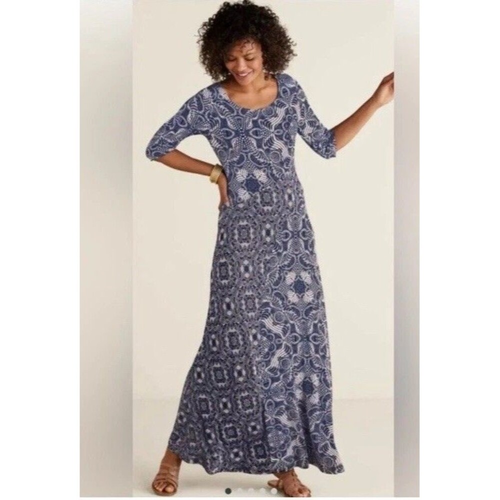 Soft Surroundings Juliette Jersey Dress Small Maxi Dark Navy Tile Teacher Maxi